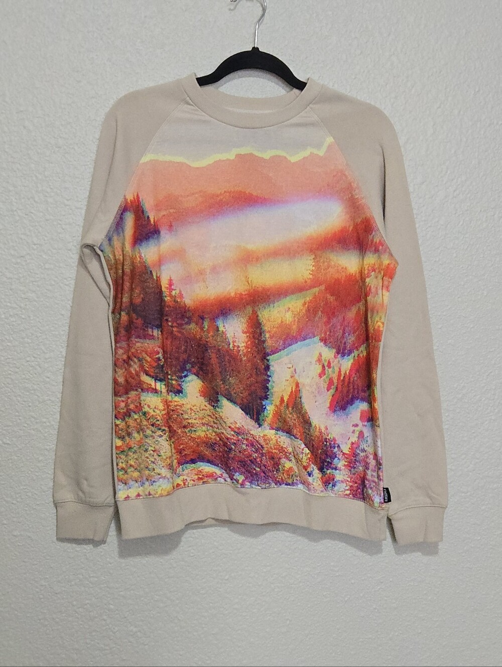 DETER Clothing Crew Sweatshirt - Psychedelic Landscape Graphic - Beige - Size M